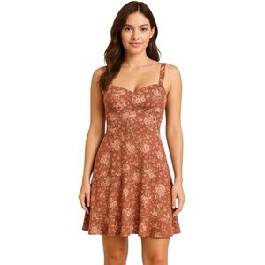 As U Wish Floral Rust Brown Sweetheart Mini Dress Size XL Juniors